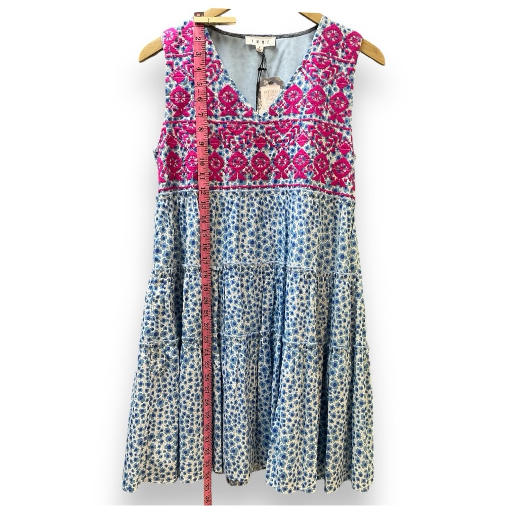 NWT THML Tiered Embroidered Dress cotton pink blue white - midi. above knee XS S